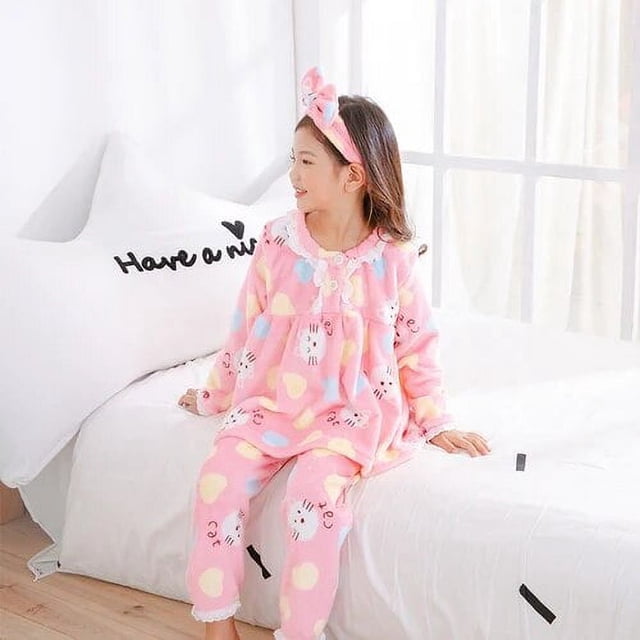 Ropa de niña grande Otoño Invierno pijamas de franela cálidos de manga larga conjunto de ropa de dormir con estampado bonito para niña enviar banda para el pelo regalo de Navidad