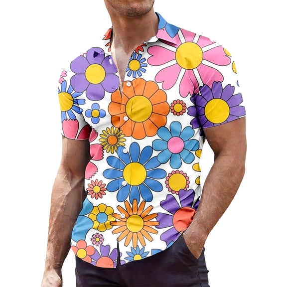 CONZONE Mens 70S Disco Buttons Down Shirts Long Sleeve Shirts for Men Trendy Floral Graphic Lapel Soft Lightweight Tops