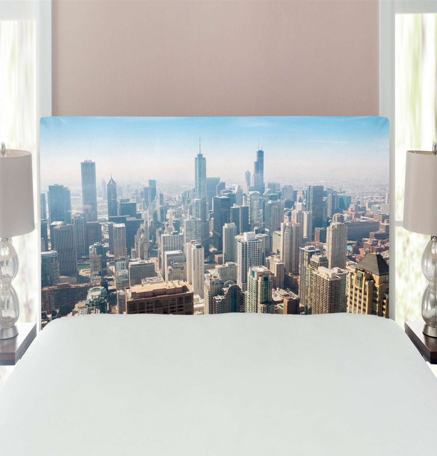 Cityscape Headboard, Aerial View of Chicago USA Tall Buildings