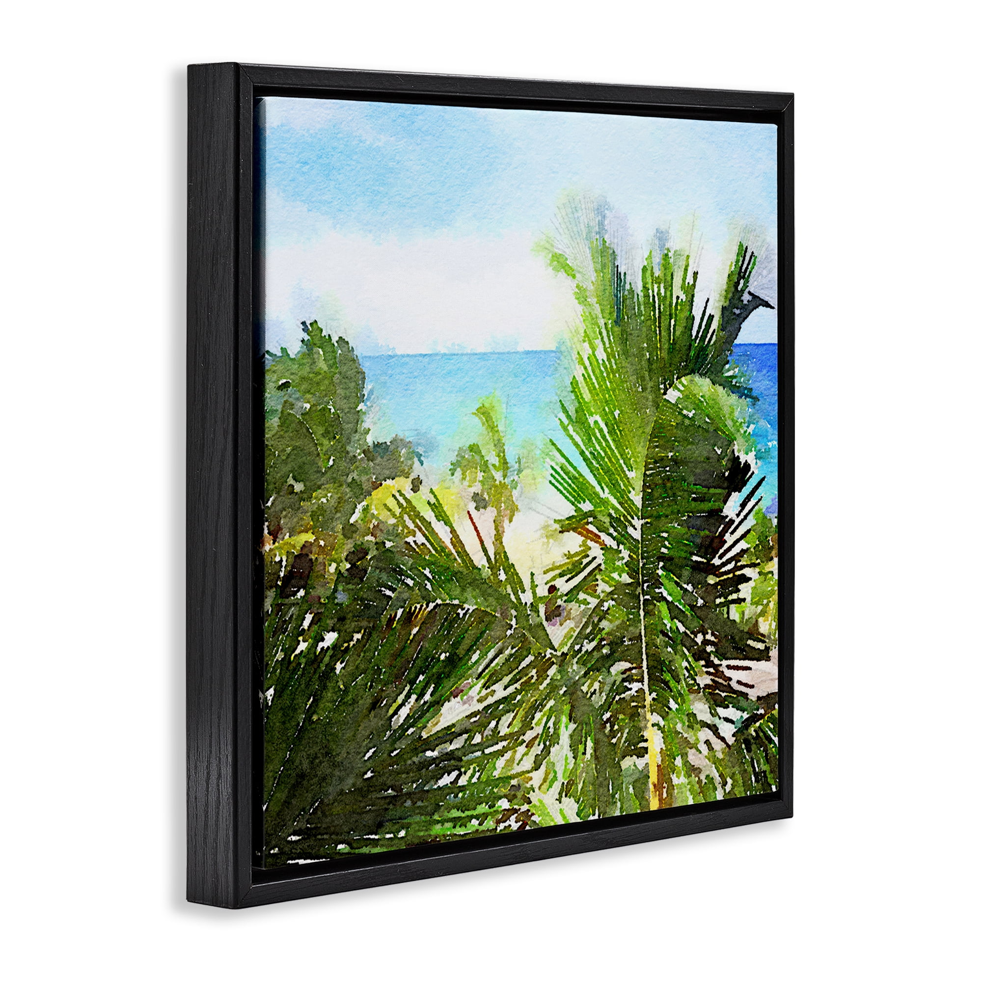 Stupell Industries Palm Leaves over Beach Landscape & Nature Painting Black Floater Framed Canvas Art Print Wall Art, 18 x 18