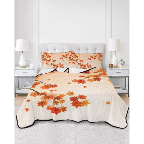 Quilts King Size, Maple Leaves Fall Soft Comforter Bedding Set for Bed, Thanksgiving Botanical Leaves Autumn Lightweight Quilted Bedspread with Pillow Cover(2 Pieces) for All Season, 96x106 Inch