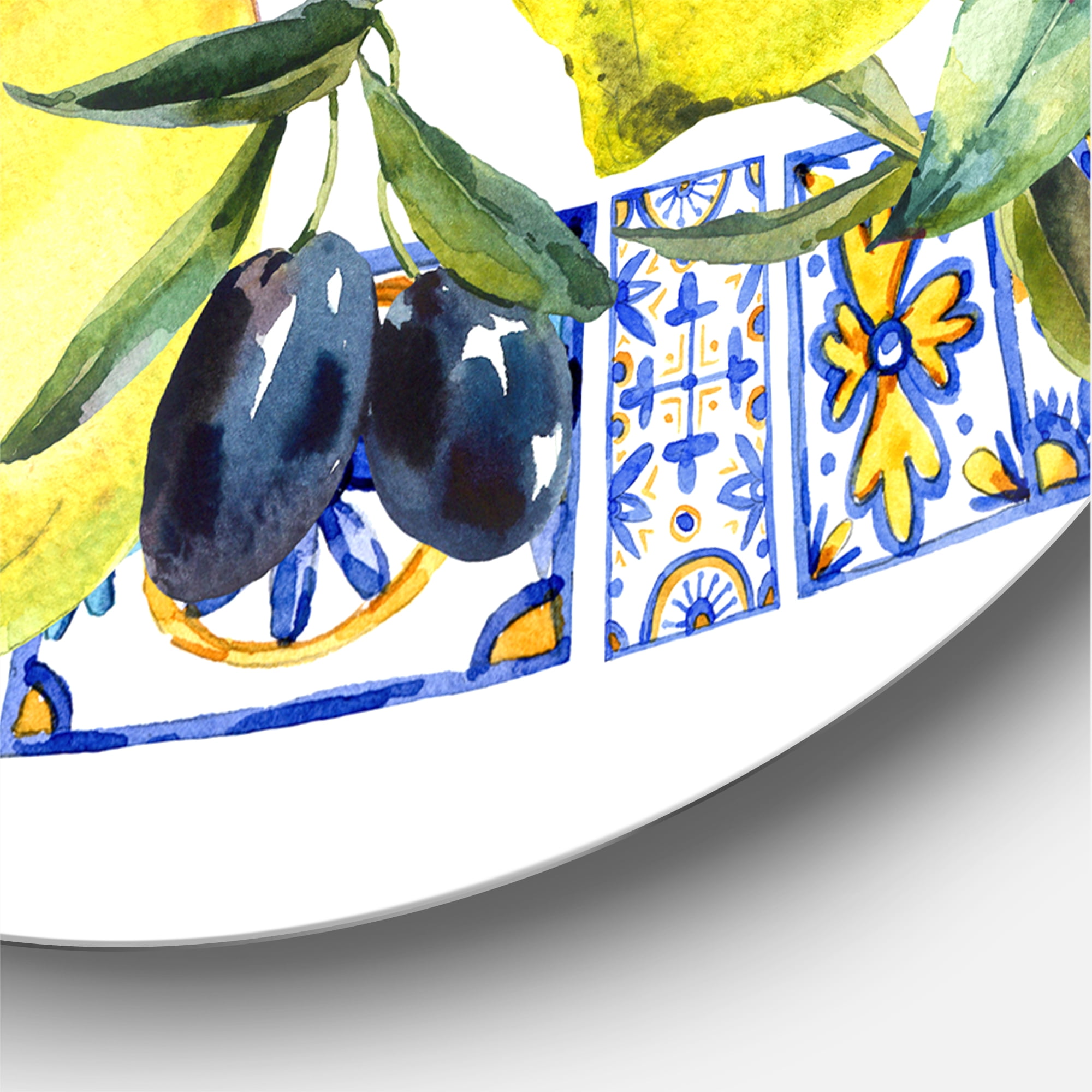 Designart 'Geometrical Pattern of Lemon Ornament On Blue II' Tropical Circle Metal Wall Art 36x36 - Disc of 36