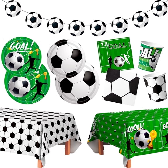 Soccer Party Tableware, 106pcs Soccer Birthday Tableware - Plates Napkins Table Cloth Banner for Soccer Birthday Party Decorations Supplies
