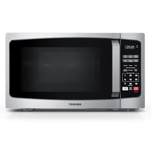 Horno microondas pequeño TOSHIBA ML-EM09PA(SS) con 6 menús automáticos, función de silencio y bloqueo para niños, iluminación LED, ideal para apartamentos y dormitorios, 0.9 pies cúbicos, plato girat