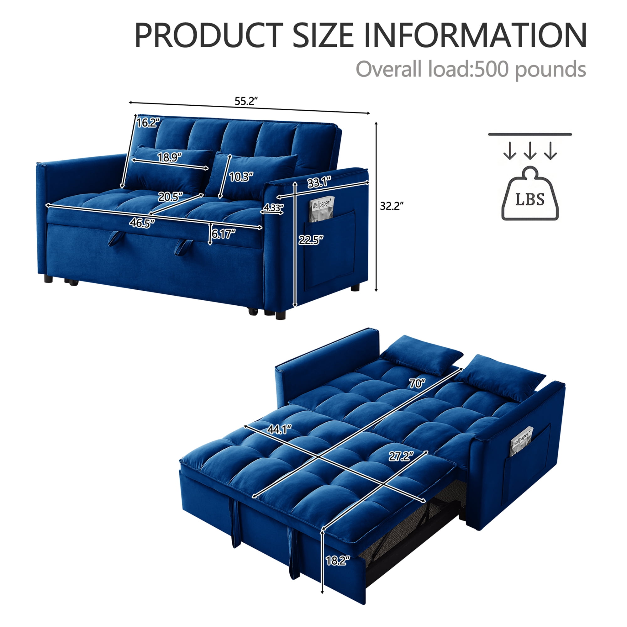 3 in 1 Sleeper ,55" Modern Velvet Convertible Pull Out Bed, Loveseat with 2 Toss Pillows and Adjustable Backrest for ,Blue