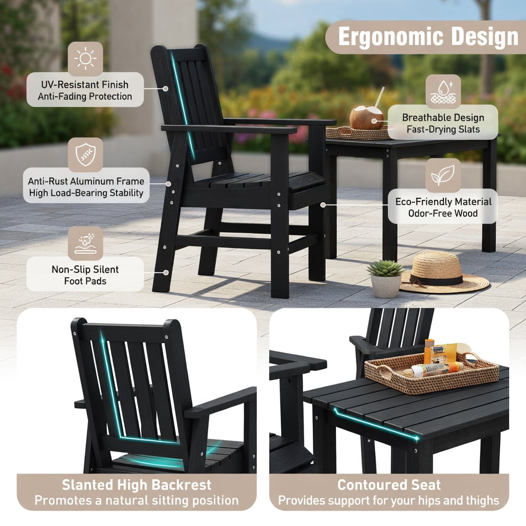 Hommoo 2-Pack HDPE Outdoor Dining Chairs with Wide Armrests, Rustic Wood-Look Patio Seating, All-Weather Durable, Black
