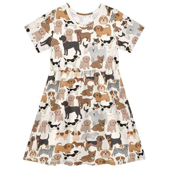 joogoo Dogs Cartoon Girls' Short Sleeve Dress Kids Dresses 5-6T