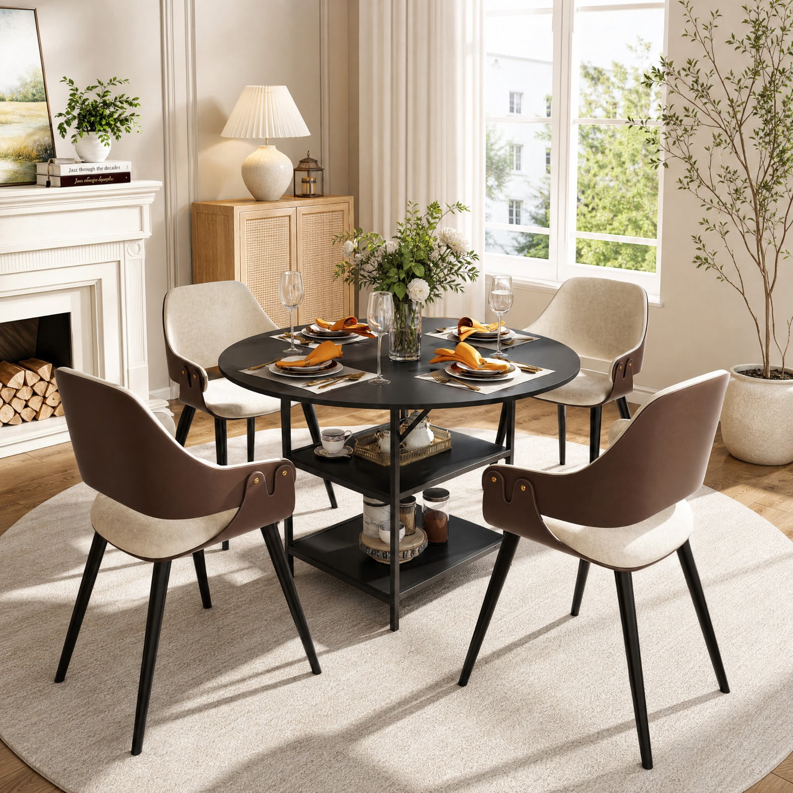 Furnibear 47 Inch Round Dining Table for 4 to 6 with 2 Tier Storage Shelves and Sturdy Metal Frame for Kitchen and Apartment, Black