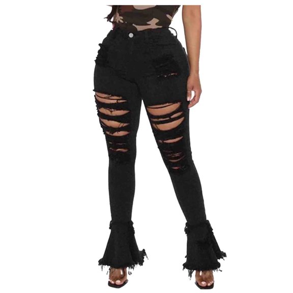 Fjofpr 50% off Clear!Ripped Jeans for Women High Waisted Black Fashion Women Button High Waist Pocket Trousers Hole Pants