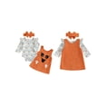 thumbnail image 2 of Loicainy Infant Baby Girl Halloween Outfit 3 6 12 18 Months Pumpkin Ruffle Long Sleeve Romper Overall Dress Headband 3 Piece Clothes Set, 2 of 8