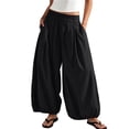 thumbnail image 2 of Wide Leg Pants for Women BWASD Casual Cotton Linen Elastic Waist Baggy Bloomers Pants Large Size Pocket Palazzo Trousers Fashion Beach Vacation 2031 Trendy (Black,L), 2 of 8