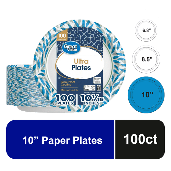 Great Value Ultra 10 Inch Disposable Soak-Proof Paper Plates, 100 Count