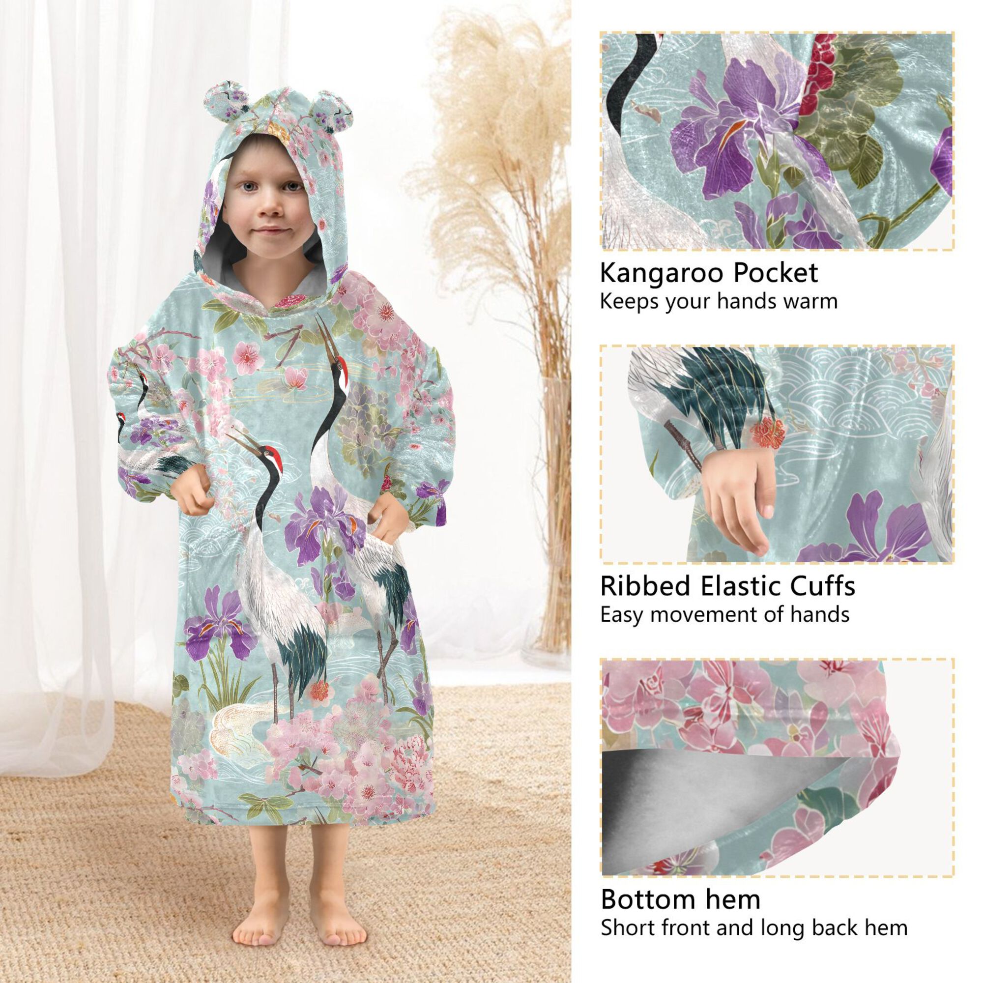 FORMRS Wearable Blanket Hoodie with Sleeves for Kids Cozy Flannel Sweatshirt, Green Floral Cranes Pattern