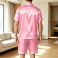 thumbnail image 4 of Men Satin Pajama Set Sleepwear for Man Summer Short Sleeve Button-Down Shirt & Shorts Pajamas 2 Piece Home Clothes Short Suit Pink 3XL, 4 of 6