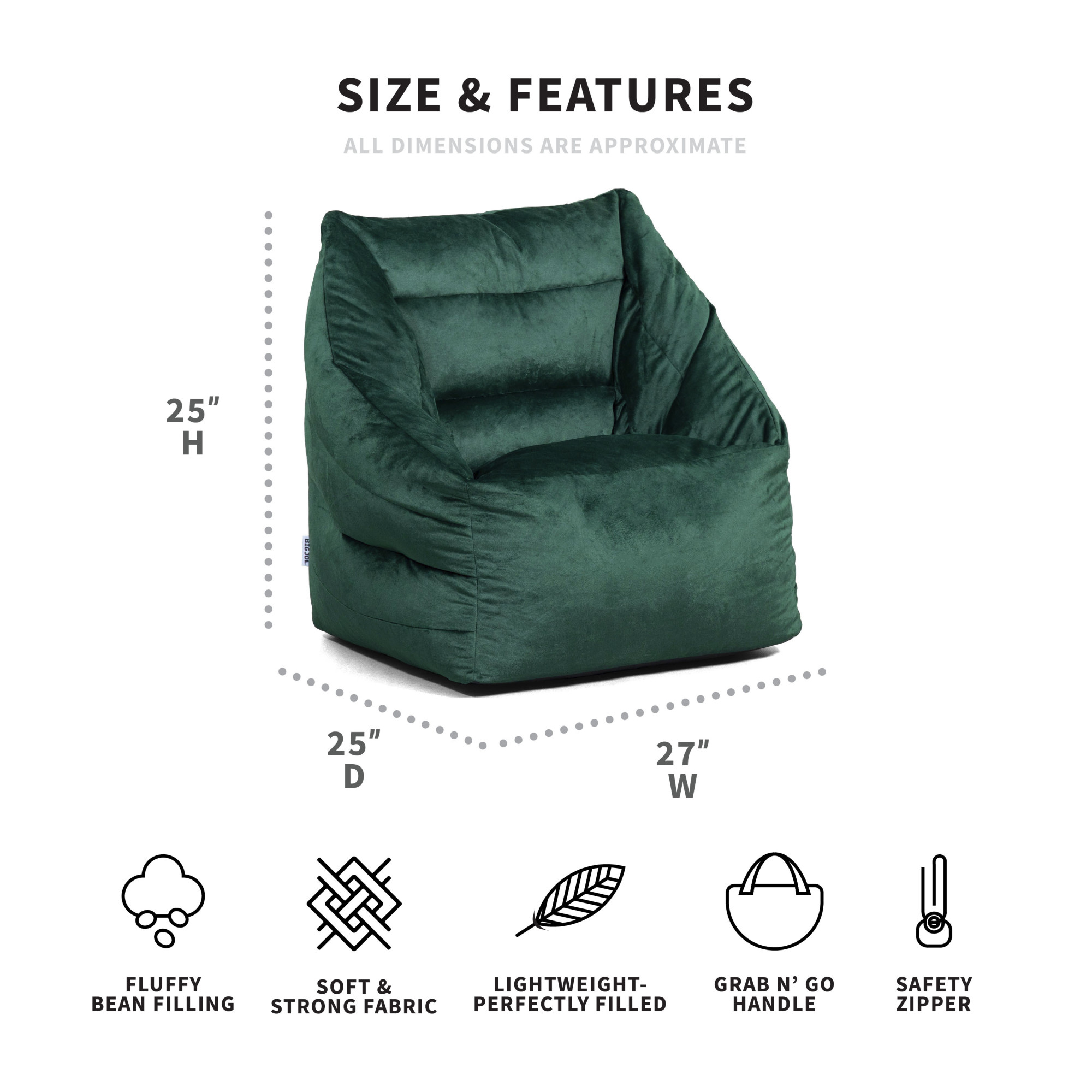 Big Joe Aurora Bean Bag Chair and Pouf Bundle, Deep Emerald Velvet, Soft Polyester, 3.5 feet - image 2 of 5