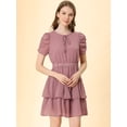 thumbnail image 2 of INSPIRE CHIC Women's Tie Neck Ruched Sleeve Elastic Waist A-Line Double Layers Ruffle Hem Short Dress, 2 of 6