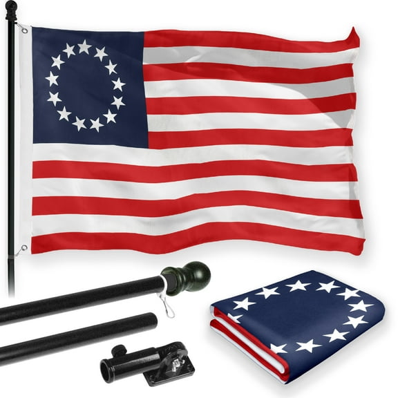 G128 Combo Pack: 6 Feet Tangle Free Spinning Flagpole (Black) Betsy Ross Flag 3x5 ft Printed 150D Brass Grommets (Flag Included) Aluminum Flag Pole