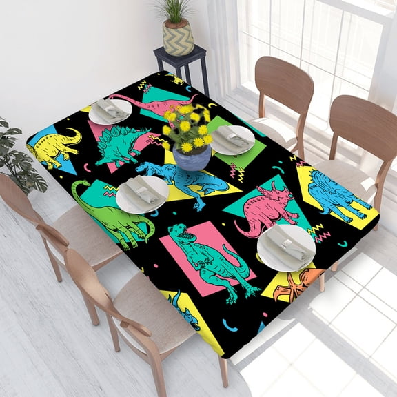 Elastic Edge Fitted Tablecloth Dinosaurs Cartoon for Rectangle Table 4 FT 30 X 48 Inch