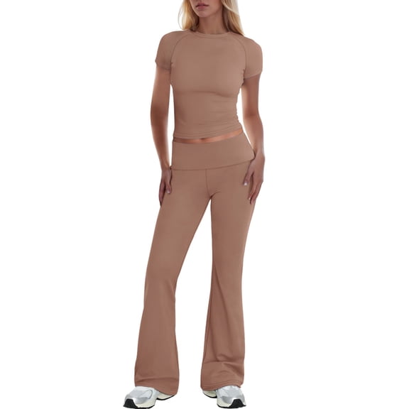 BYHONG Womens Elegant Solid Color Sport Shirt Tops Wide Leg Pants Trousers Suit Womens Pant Suits Coffee M