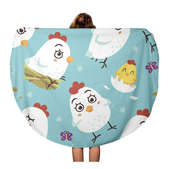 POGLIP 60 inch Round Beach Towel Blanket Easter Cartoon Hen Chicken Kawaii Pattern Cute Baby Travel Circle Circular Towels Mat Tapestry Beach Throw