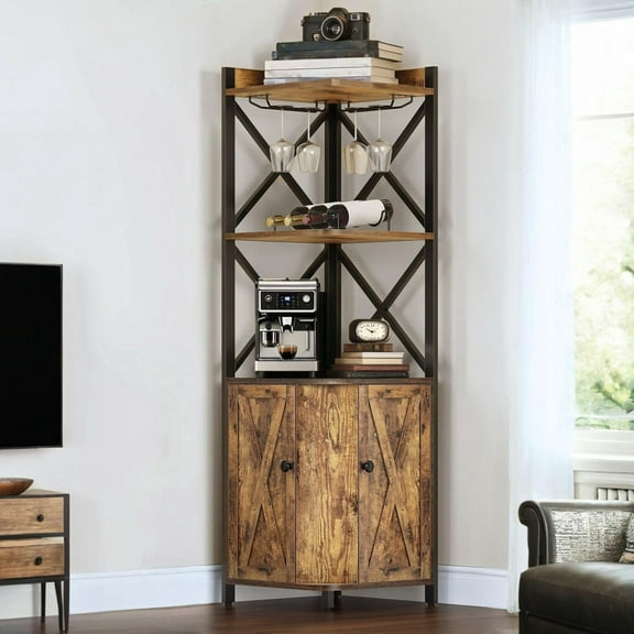 Corner Bar Cabinet with Wine Rack & Glass Holder, 5-Tier Freestanding Industrial Farmhouse Liquor Storage Home Bar with Adjustable Shelves and Doors for Kitchen, Dining Living Room, Rustic Brown