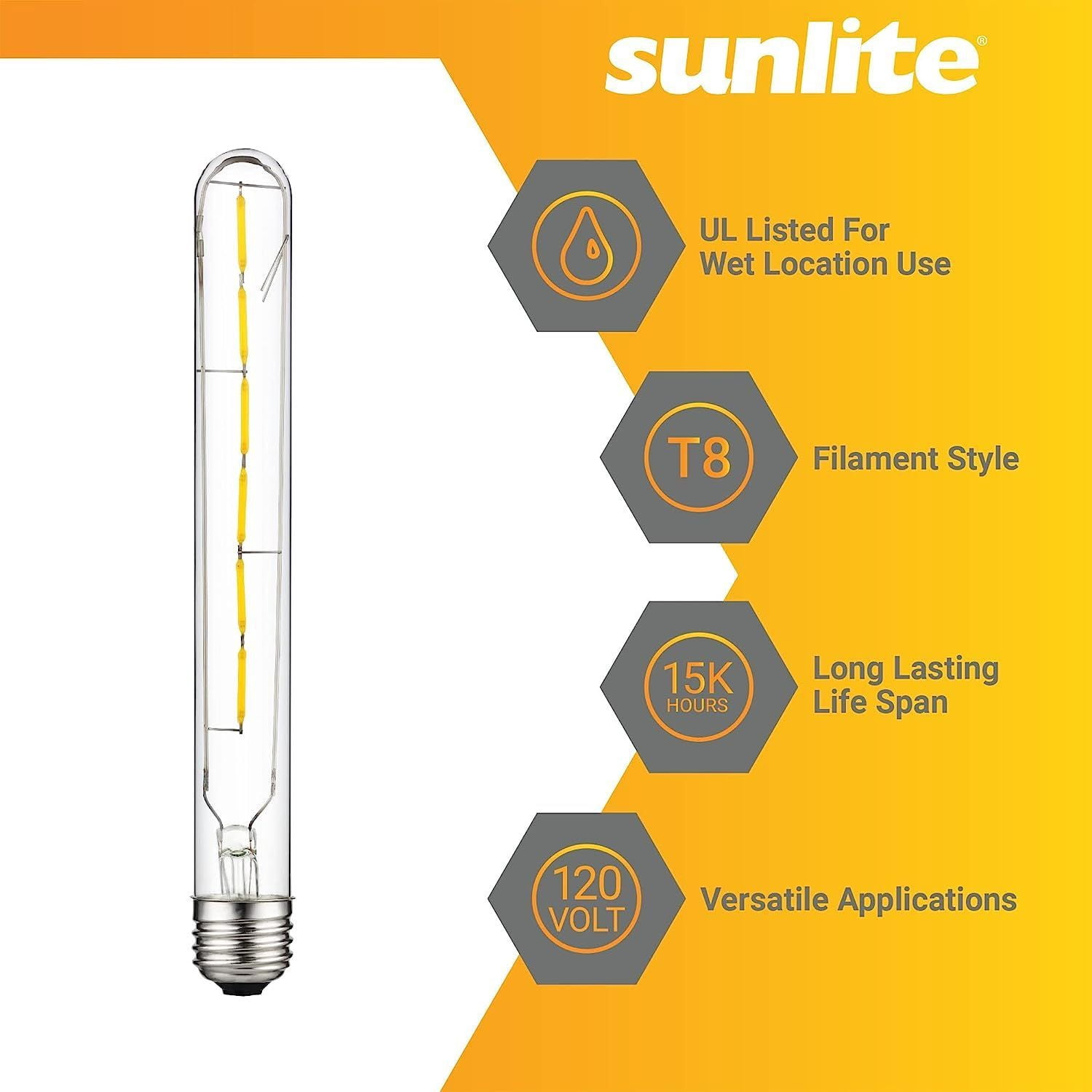 Sunlite LED Filament T8 Tubular Light Bulb, 5 Watts (40W Equivalent), Medium E26 Base, Dimmable, Clear, UL Listed, 2700K Warm White, 6-Pack