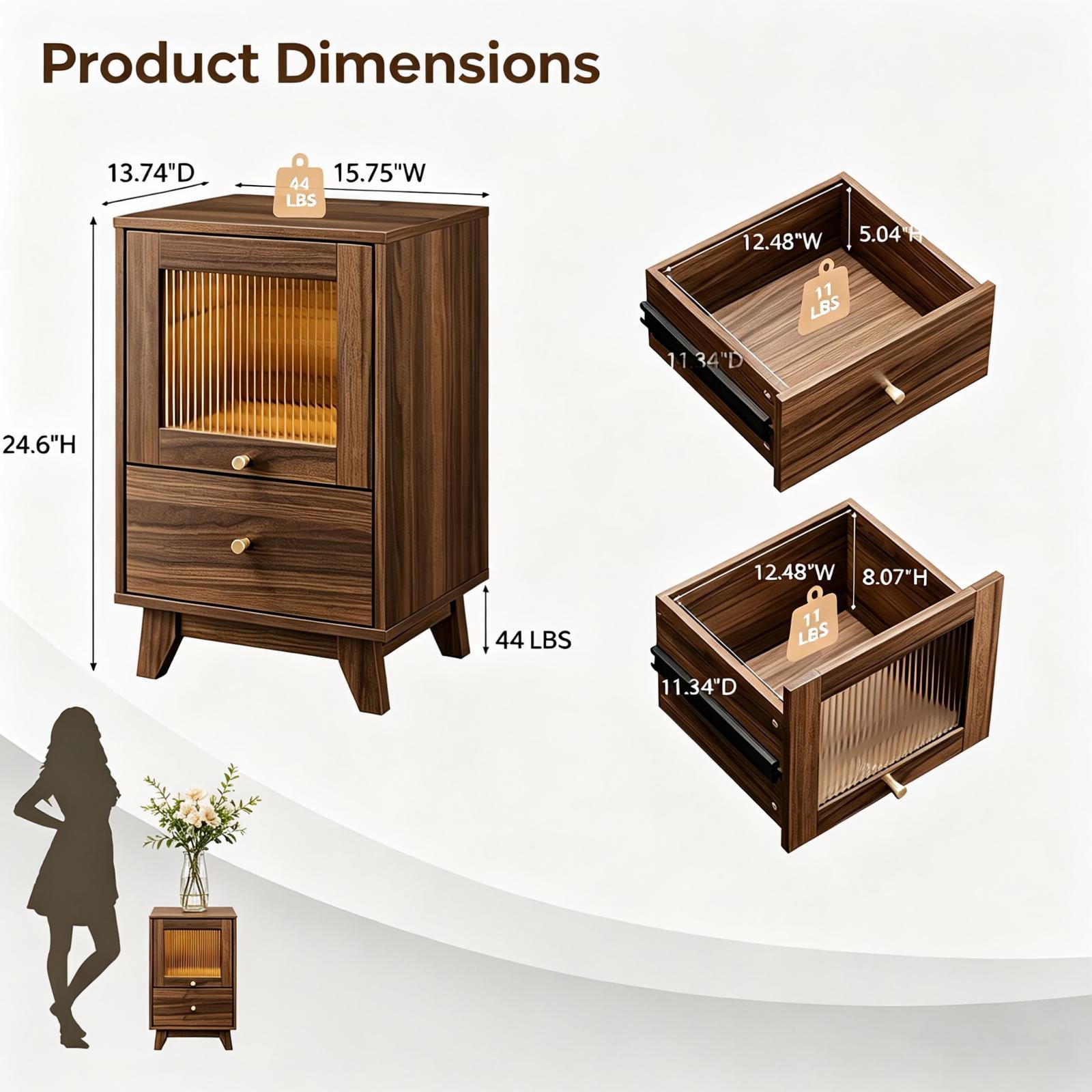 2-Drawer Bedside Table with Frosted Glass, Socket, and 16-Color Light, Walnut, 15.75 x 13.74 x 24.6 in