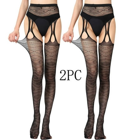 YUTK Tights for Women Under Dress - 2Pc Women Sexy Lace Leggings Pants Fishnet Netting Stockings Net Sexy Lingerie Transparent Hollow Out Hanging Stockings - Black Free Size