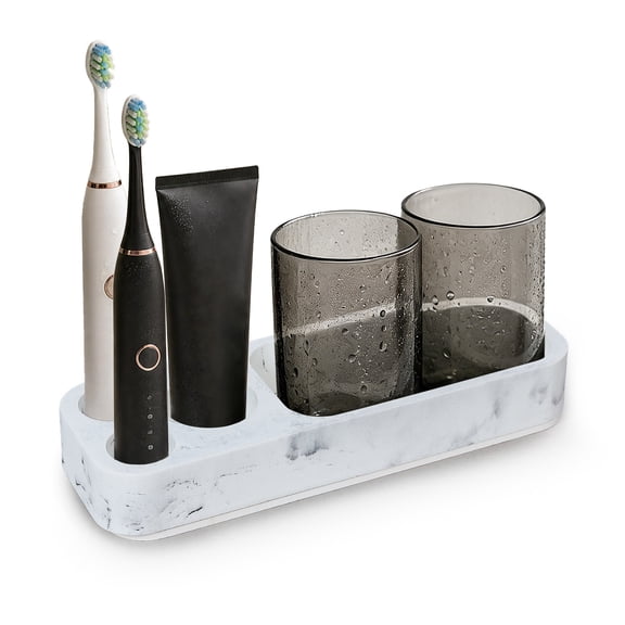 1 Pack Electric Toothbrush Holder, 11 x 3.77 x 1.92 in Bathroom Countertop Organizer with Cup, Toothbrush and Toothpaste Slots, Resin & Diatomite, White Gray