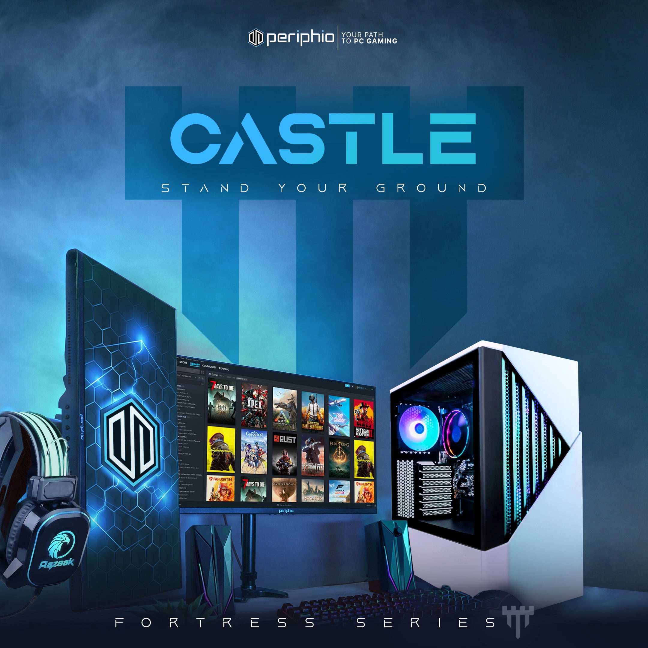 Periphio Castle Prebuilt Gaming PC - AMD Ryzen 7 5700G CPU (4.6GHz Turbo), 32GB DDR4 RGB RAM, Radeon Vega 8 Graphics, 1TB NVMe Solid State SSD, Windows 11 Gaming Computer Desktop, WiFi + BT