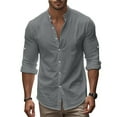 thumbnail image 6 of ZCFZJW Mens Long Sleeve Shirts Casual Rolled-up Sleeves Summer Button Down Shirt Men Band Collar Slim Fit Cotton Dress Shirts Gray S, 6 of 9