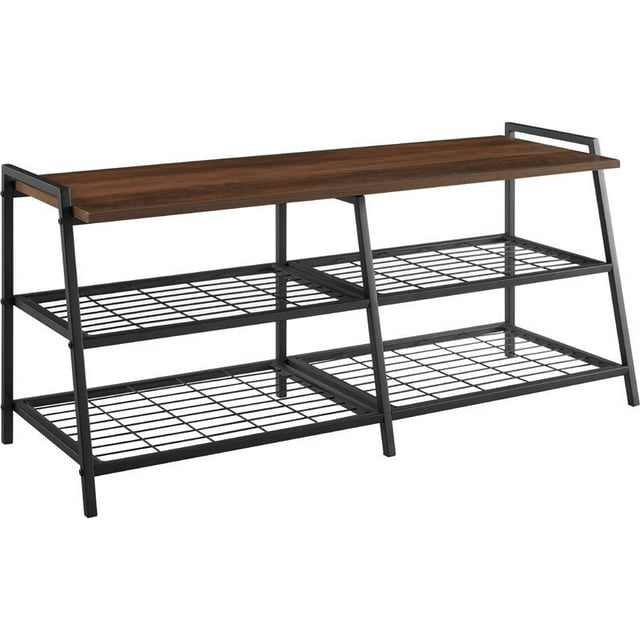 Arlo 42" Industrial Metal and Wood Entry Bench with Shoe Rack in Dark Walnut