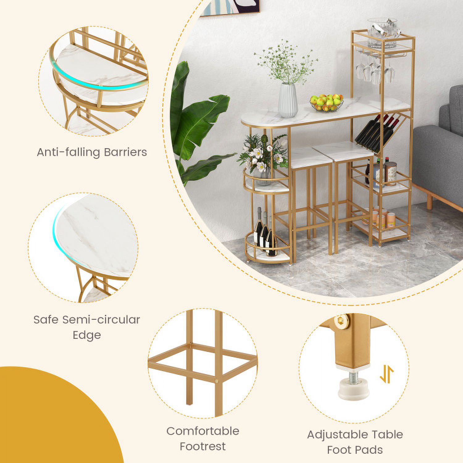 Finihen Dining Set, Dining Table Set, 3 Pieces Bar Table Set with Storage Shelves and Wine Rack, for Home, Restaurant, Golden Finihen Dining Set, Dining Table Set, 3 Pieces Bar Table Set with Storage Shelves and Wine Rack, for Home, Restaurant, Golden