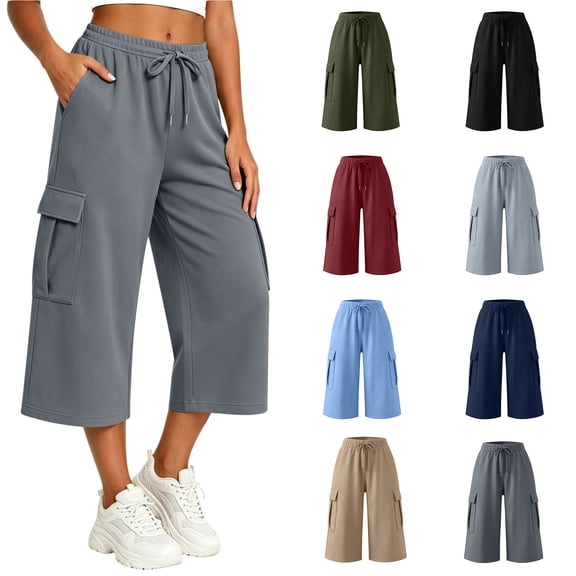 Eagokdc Lightweight Capri Pants for Women Loose Cotton Casual Sports Summer Wide Leg Capris With Pocket Size S-5XL