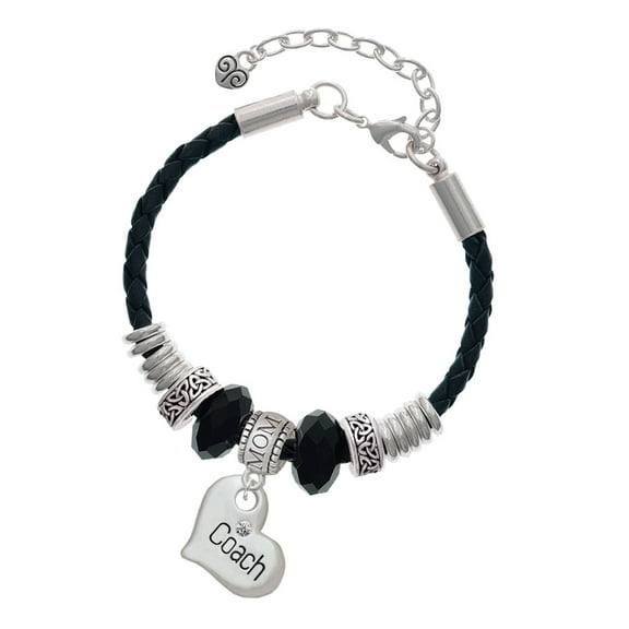 Delight Jewelry Silvertone Large ''Coach'' Heart Mom Celtic Knot Leather Bead Bracelet, 7" 2" Extender