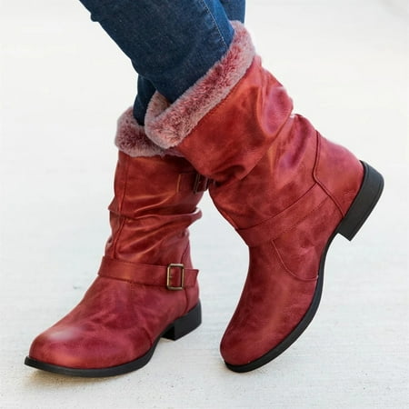 

QISIWOLE Women s Fashion Casual Winter Warm Middle Ankle Boots Low Heels Shoes Discount