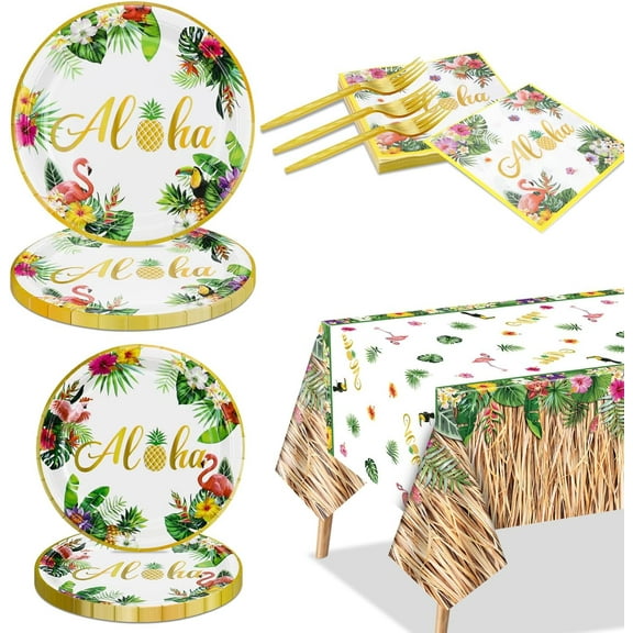 Luau Party Decorations, 81Pcs Hawaiian Party Decorations with Plates, Grass Skirt Tablecloth, Napkins, Forks for Summer Beach Party Aloha Party