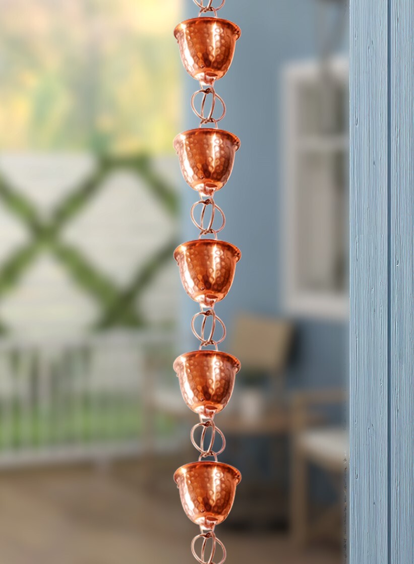 Monarch Rain Chains Pure Copper Hammered Cup Rain Chain Replacement Downspout for Gutters, 8.5 ft L - image 2 of 10