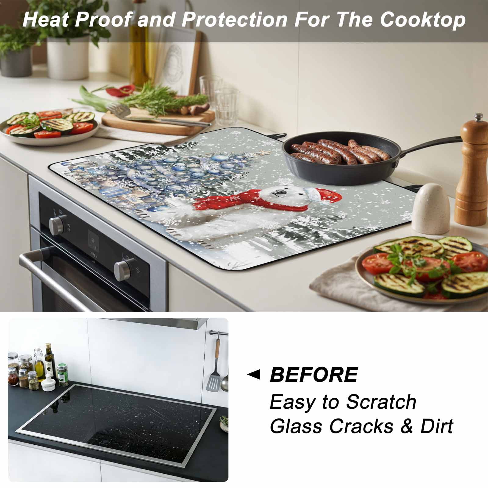 Gray Bear Christmas Stove Top Cover for Electric Stove, Heat-proof & Non Slip Glass Top Stove Cover Protector, Xmas Tree Snowflake Kitchen Flat Cooktop Rubber Mat 24x21 Inches