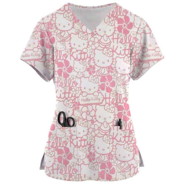 Hello Kitty Scrubs Medical Uniforms Woman Hello Kitty Cartoon Printed Nurse Tops Pet Groom Uniform Short Sleeve Carer Clothes