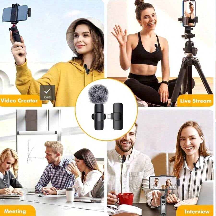 Wireless Mini Microphone for iPhone Smartphone, 2 Lapel Mics with Noise Reduction for Video Recording, Interview, Vlog, Noise Cancellation Stereo Audio