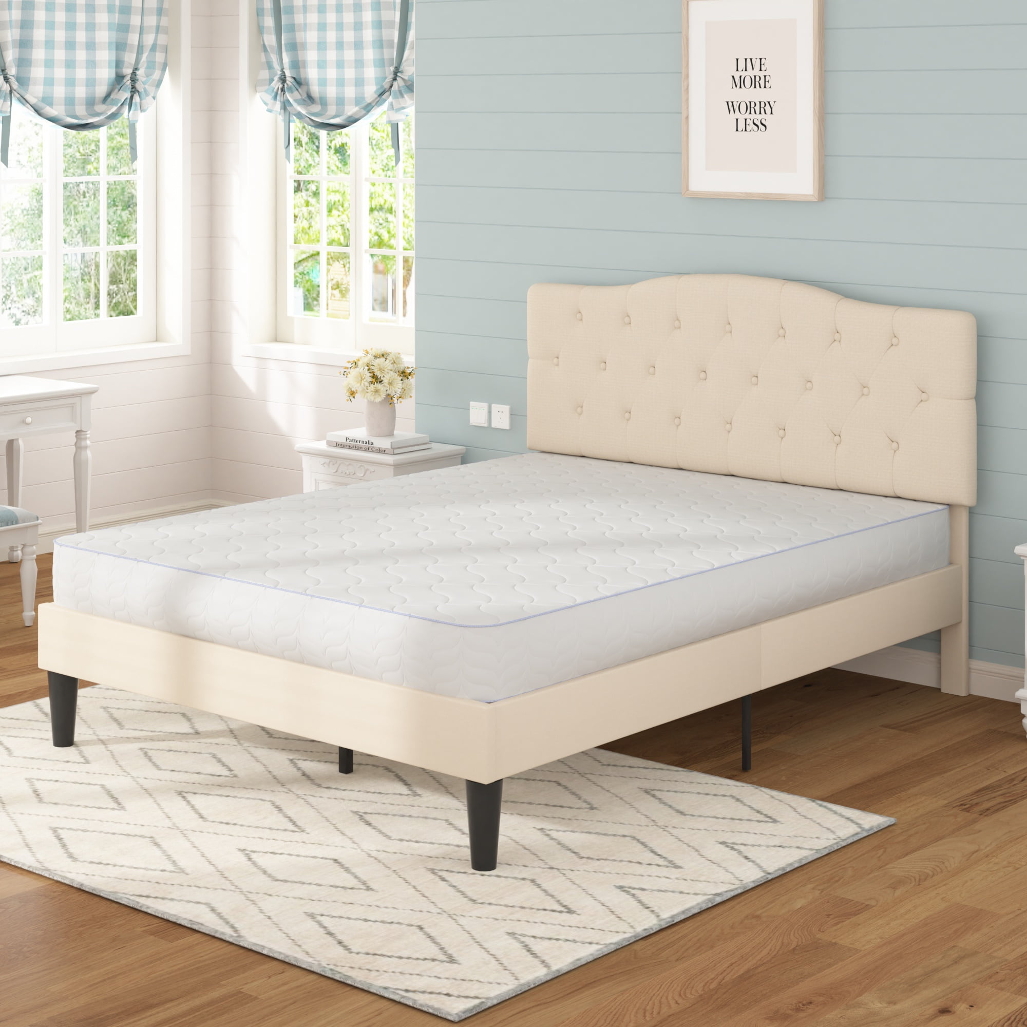VECELO Queen Upholstered Platform Bed Frame with Diamond Tufted Adjustable Headboard, Wooden Slats Support, No Box Spring Needed, Beige