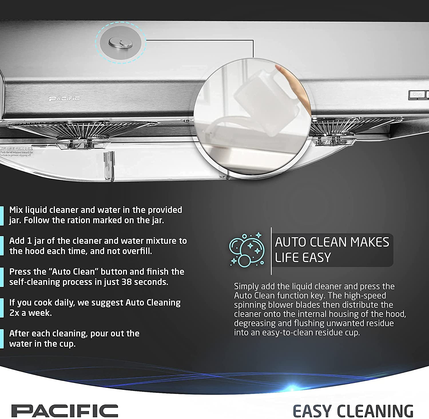 Pacific Kitchen Vent Hood AC3000BS – 30 Inch Under Cabinet Range Hood – Filterless Modern Stainless Steel Hood Vent with 900 CFM Suction, Dual Fans, LED Touch Controls and Auto-Clean Function