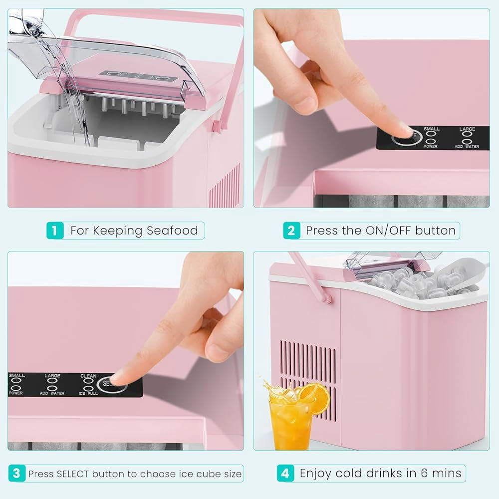 Countertop Ice Maker Portable Machine with Self-Cleaning, 26lbs/24hr, 2 Ice Sizes, Basket & Scoop, Compact Design with Handle for Kitchen, Office, Camping, Pink