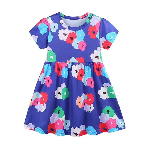 WhouRiu Girls Casual Floral Graphic Dresses Short Sleeve Crew Neck A Line Dress Kids Comfortable Cute Summer Everyday Sundress,4-5 Years