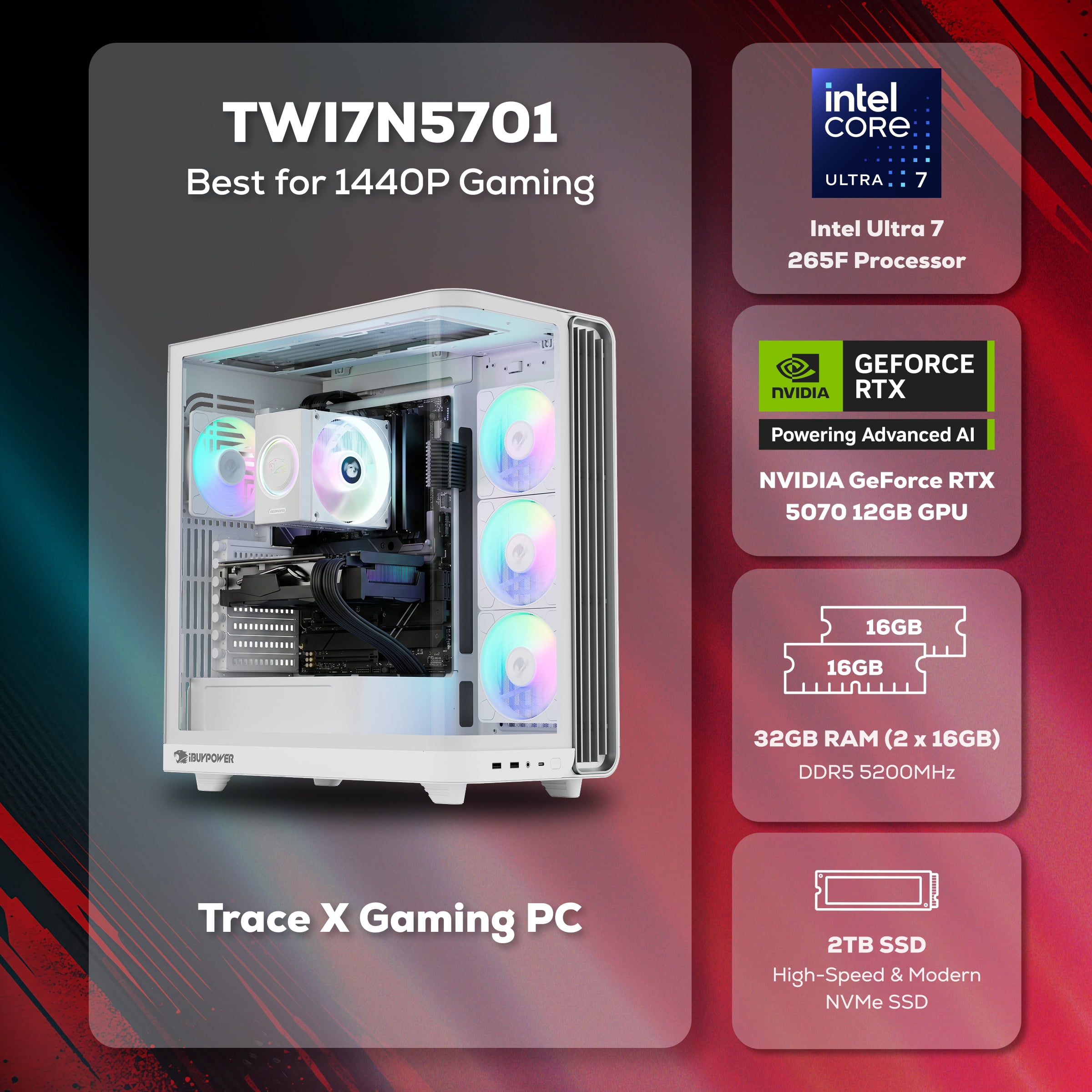 iBUYPOWER Trace Gaming PC Desktop Computer Intel Core Ultra 7 265F CPU, NVIDIA GeForce RTX 5070 12GB GPU, 32GB DDR5 5200MHz RAM, 2TB NVMe SSD, Windows 11 Home, Gamer Keyboard and Mouse - TWI7N5701