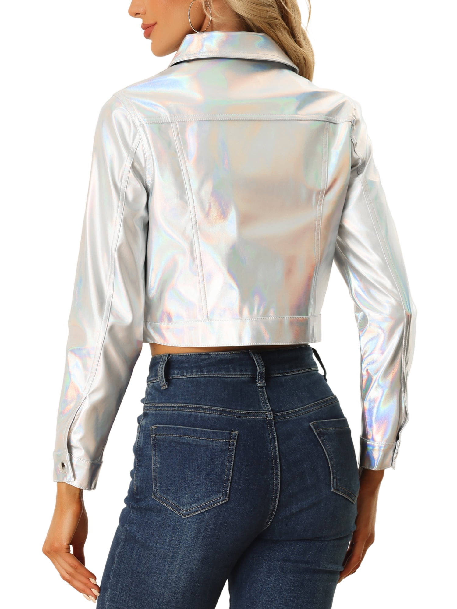 INSPIRE CHIC Women's Holographic Shiny Biker Button Down Metallic Jacket M Silver