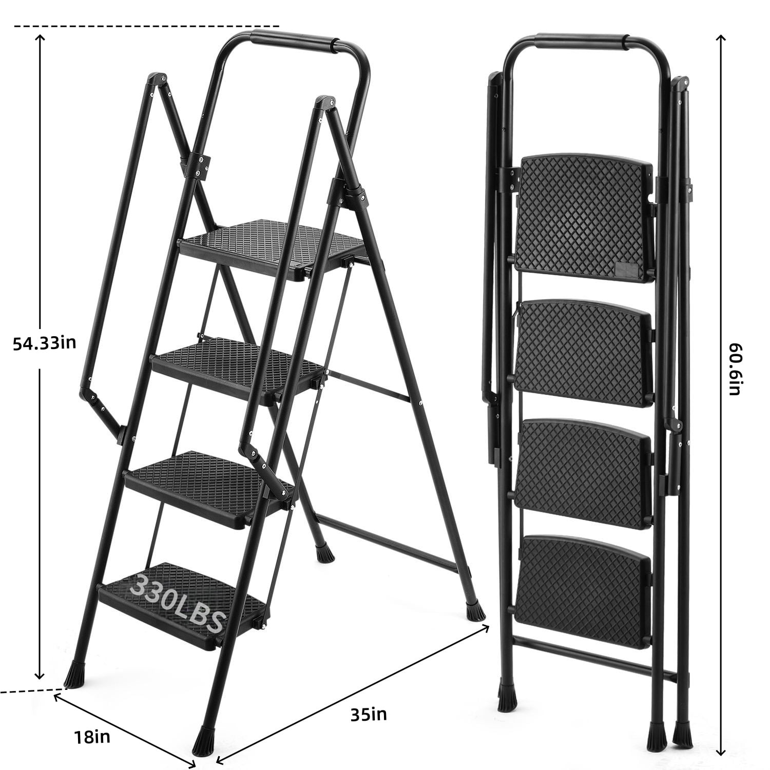 Alvantor 4 Step Ladder with Handrails, Portable Steel Folding Stool with Wide Anti-Slip Pedal Black