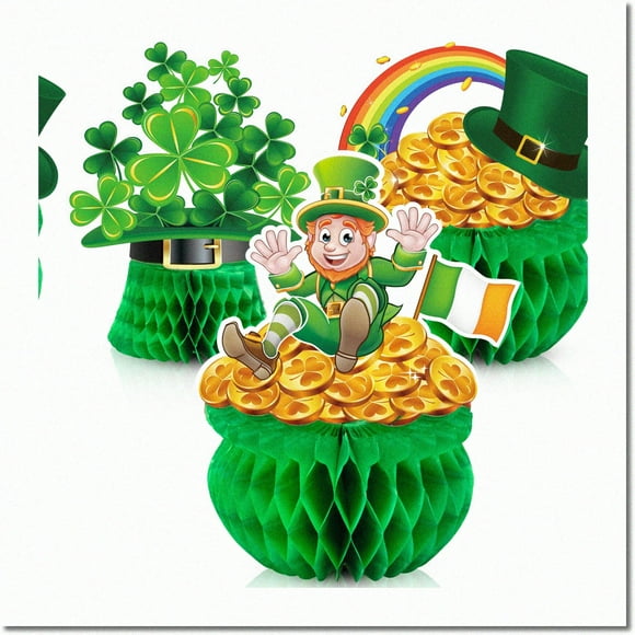 Lucky Leprechaun Honeycomb Set - Festive Pot-O-Gold Centerpiece with Shamrock Clover Tissue - Ideal Saint Patrick Party Accessory (6 Pieces, 7.87-8.6 inch)