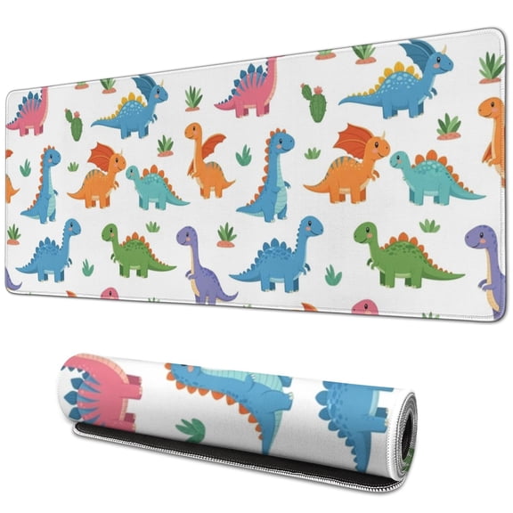 Long Mouse Pads for Desk,White Cartoon Dinosaurs Cacti Pattern Desk Mats on Top Of Desks, Desk Mouse Pad Extra Large with 3mm Non-Slip Base and Stitched Edge for Gaming,Office,Work,Home 31.5"x11.8"